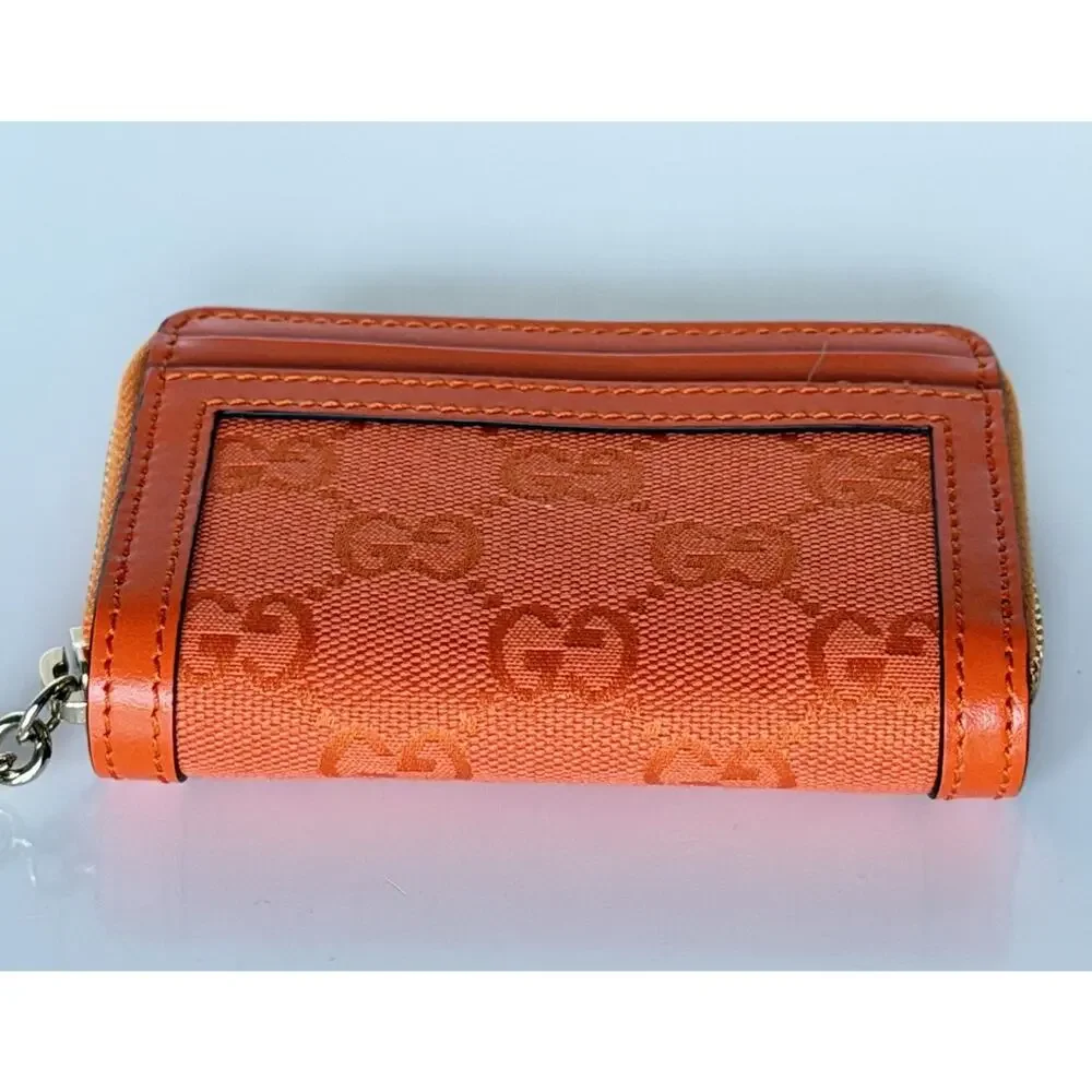 Gucci GG Print Bright Orange Zip Around Leather/Canvas Card Case Wallet IT NIB